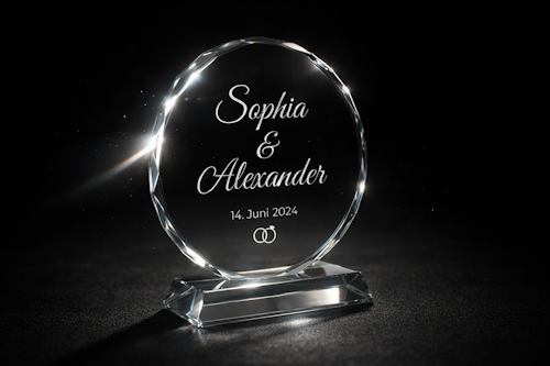 Detailaufnahme des Seelen-Kristalls: Facettenschliff und Lasergravur